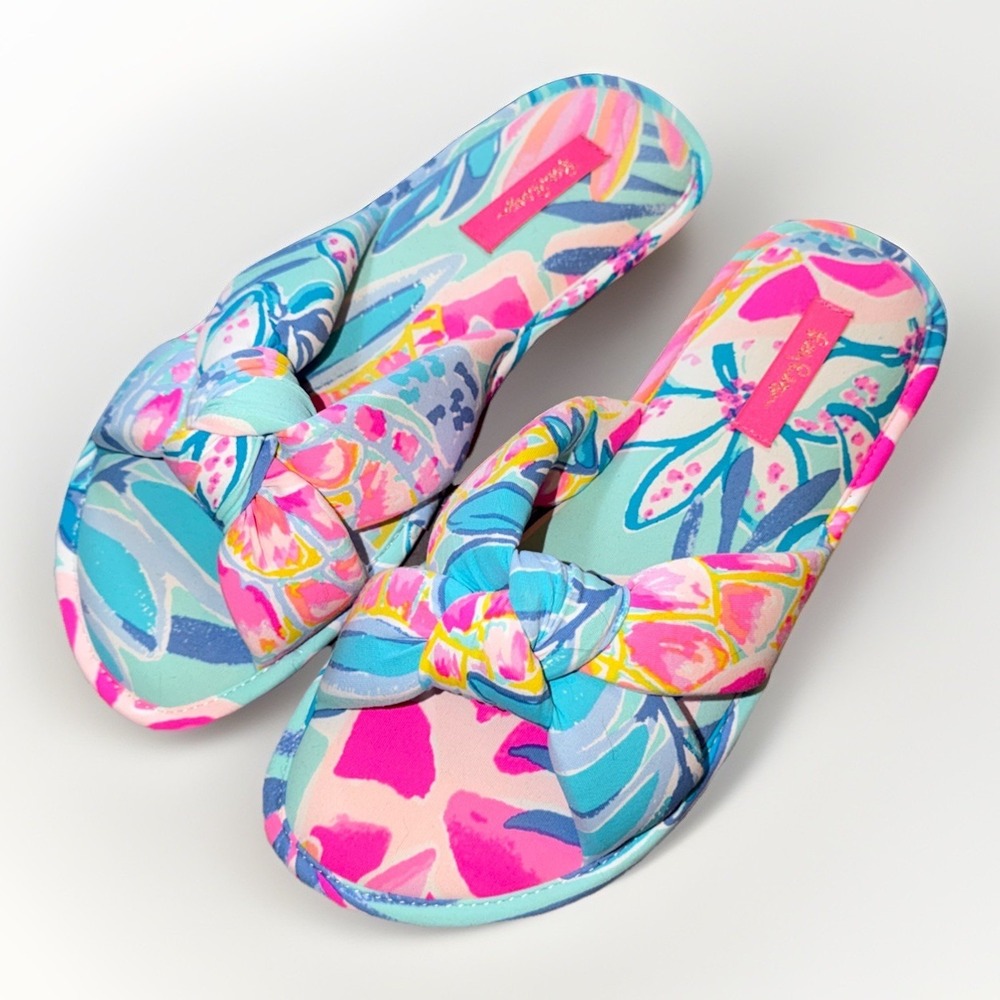 Lilly Pulitzer Pool Slipper Sea Glass Aqua Rainforest Retreat Knot Slides S/M